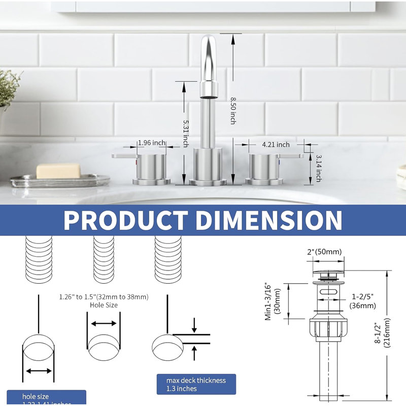 3 Hole Lavatory Faucet With 2 Handles, 360 Degree Rotation, And Water Saving Aerator For Public Bathroom Swivel Spout, Laundry Room