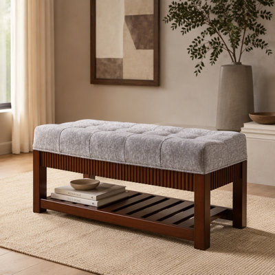 Banc de hall d'entrée en bois massif, banc à chaussures en bois d'hévéa massif avec coussin rembourré et range-chaussures inférieur, banc de rangement rembourré pour le couloir du salon