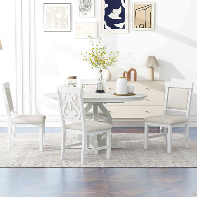 5-Piece Retro Functional Dining Set, 1 Extendable Table With A 16-Inch Leaf And 4 Upholstered Chairs