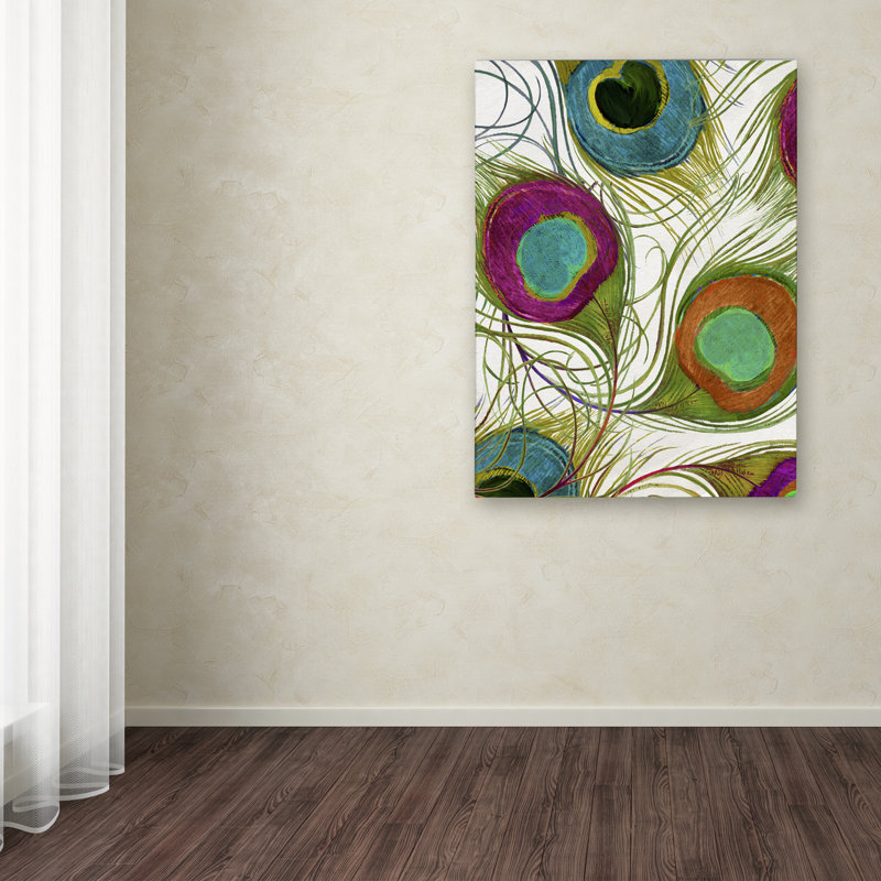 «Peacock Feathers I» par Jadaya, impression sur toile tendue, H 47 po x l 35 po x P 2 po, Vert / orange / blanc
