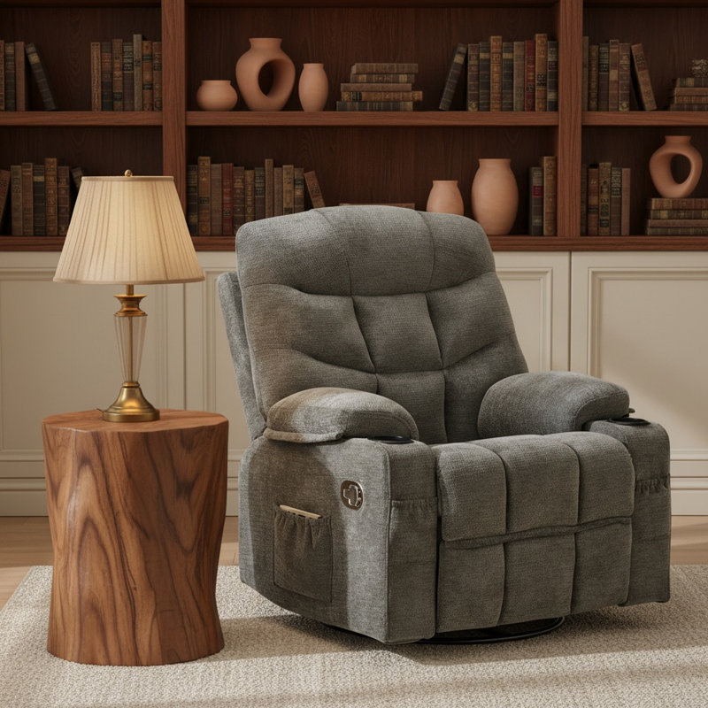 Fauteuil inclinable berçant pivotant à 360 °, siège inclinable simple manuel avec porte-gobelets, Mélange de polyester gris