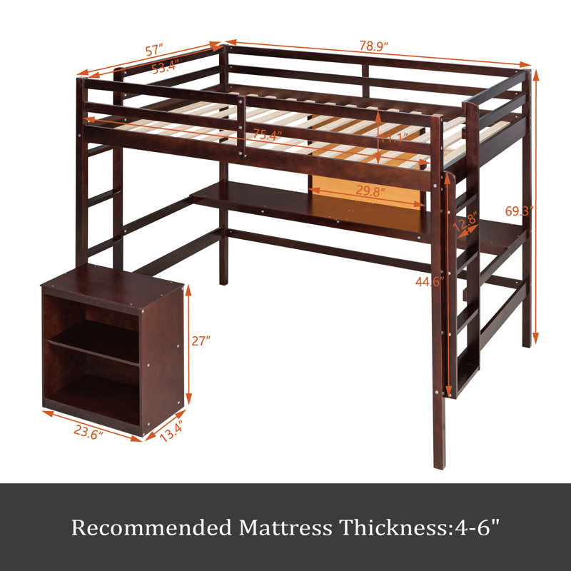 Lit mezzanine double pour enfants Josnyel, Espresso
