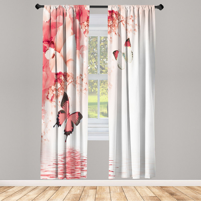 Microfiber Floral Semi-Sheer Rod Pocket Curtain Panels, 28" W x 63" L, Coral/Light Pink
