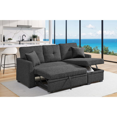 Canapé modulaire en lin gris anthracite de 76,5 po avec lit escamotable, méridienne réversible et rangement, détails, fermeté moyenne, savoir-faire facile à installer, installation facile