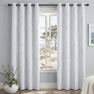 Blackout Curtains Panels Window Treatment Thermal Insulated Solid Grommet Blackout Wave Line Foil Print Design Curtains for Living Room Set of 2