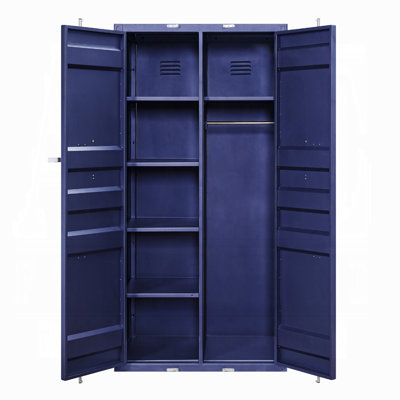 Armoire Cargo en métal bleu industriel avec deux portes, tablettes et tringle