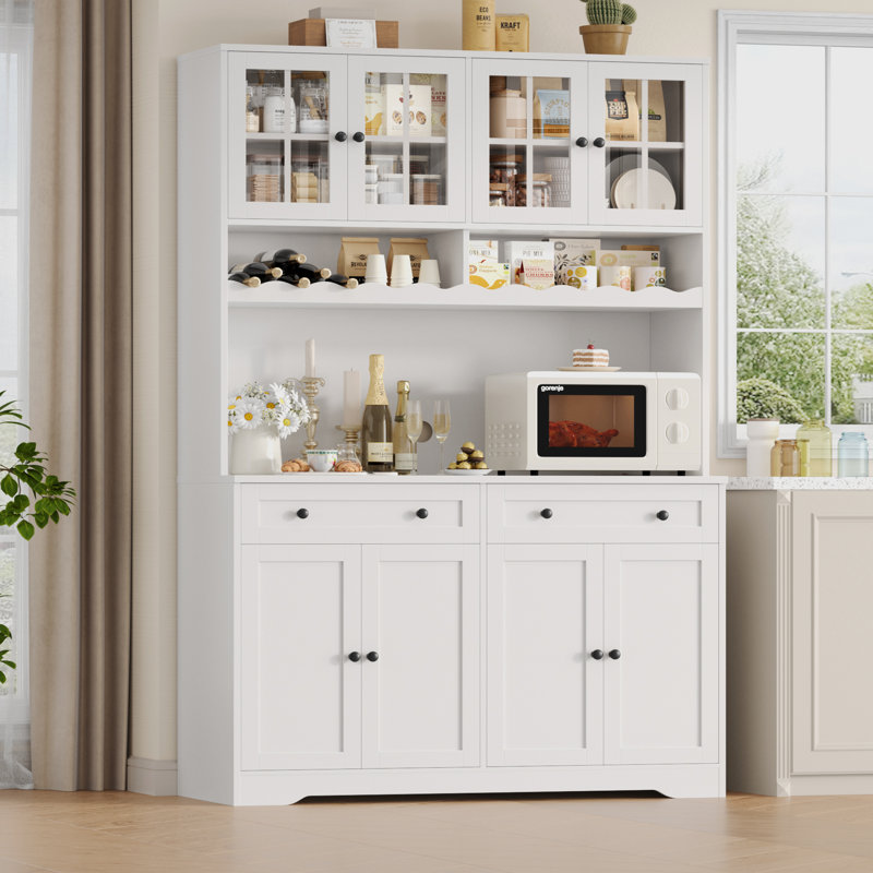 Dayal 75.4"H Modern Kitchen Pantry Cabinet with Charge Station, Large Food Pantry with Microwave Shelf & Wine Storage, Removable Goblet Holder