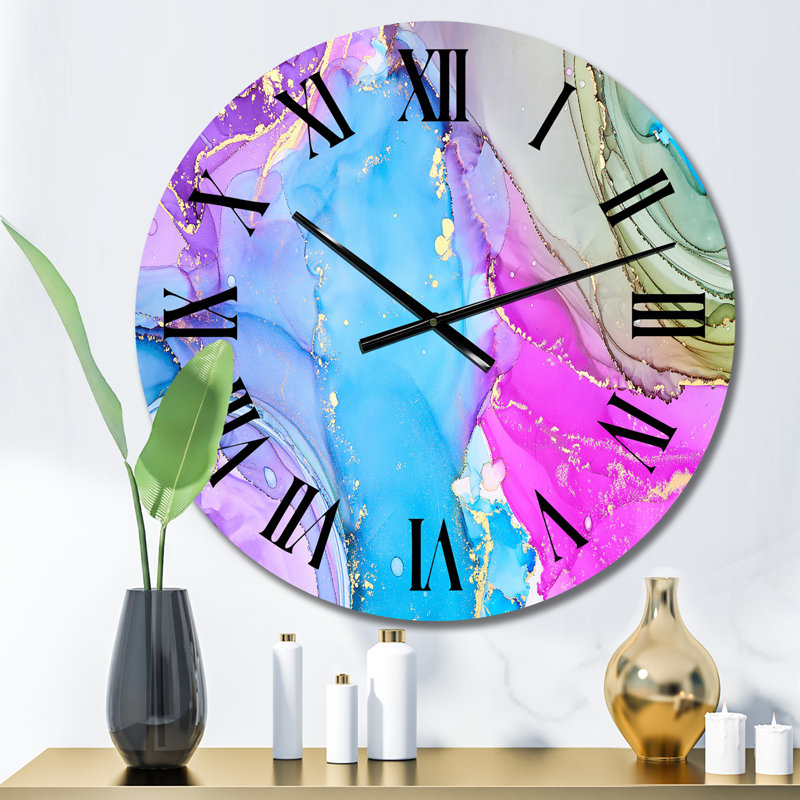 Turquoise et rose, art abstrait fluide de luxe - horloge murale moderne, Moyenne