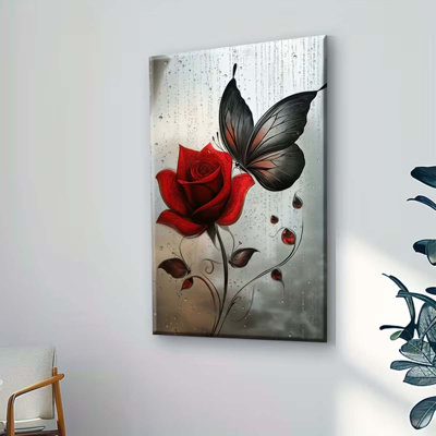 36*24，1pc Wooden Framed Canvas Painting Butterflies with roses and rainy days Artwork for Office Home and Living Room Decoration.