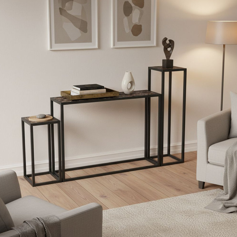 3-Piece Narrow Console Table Set with Marble Look Top, Slim Hallway Table
