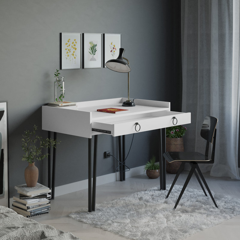 Roseann Chic Desk with Metal Legs - Compact Desk with Storage Drawer, White