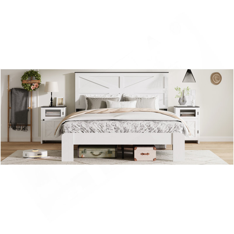 Tête de lit très grand, cadre de lit plateforme en bois, silencieux, aucun sommier nécessaire et outil d'assemblage facile, grand rangement sous le lit, blanc