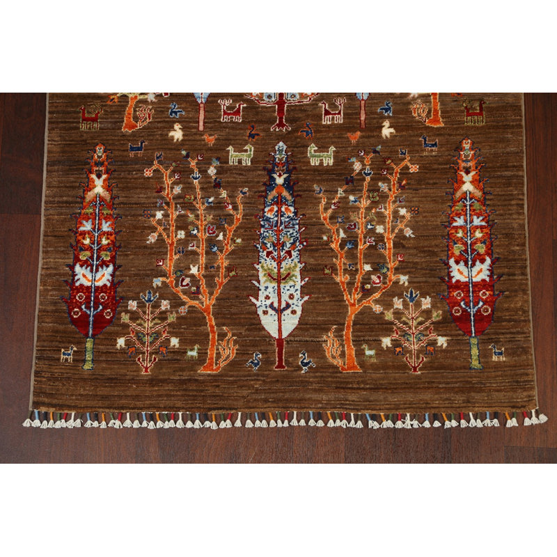Tapis brun en laine noué à la main de conception unique 3 pi 11 po x 5 pi 9 po New Age