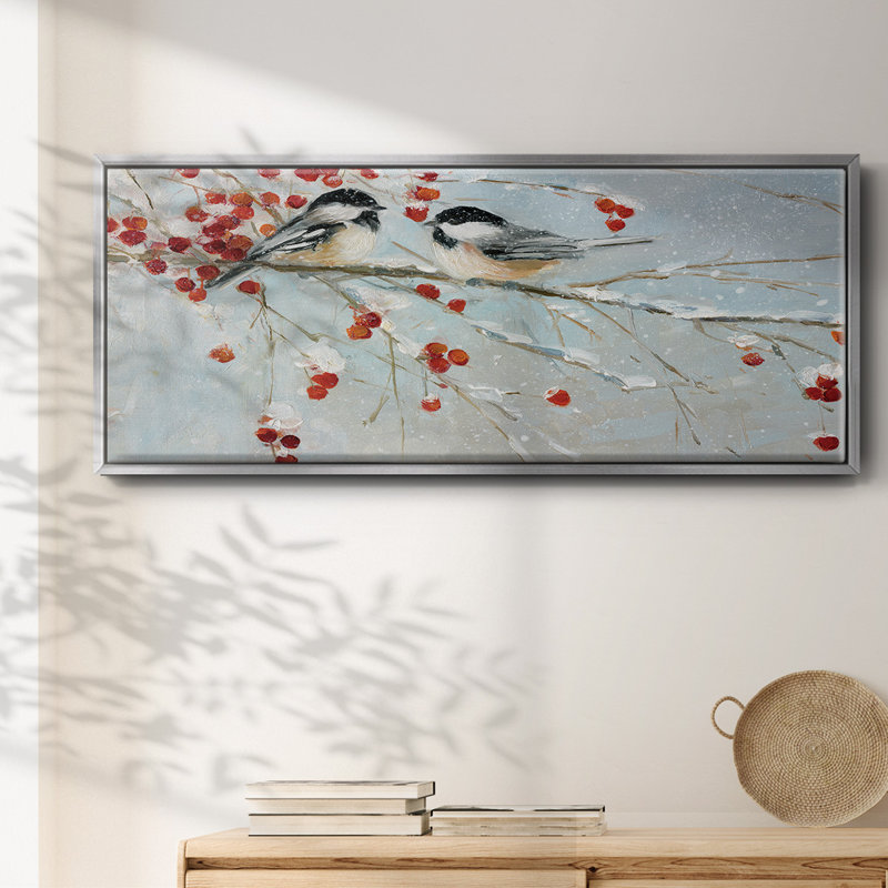 Chickadees in Winter- Framed Canvas, 12" H x 30" W