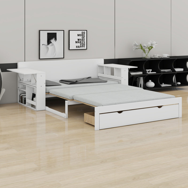 Lit de jour avec bureau amovible, tiroirs de rangement et table d'appoint hydraulique, Blanc, Double