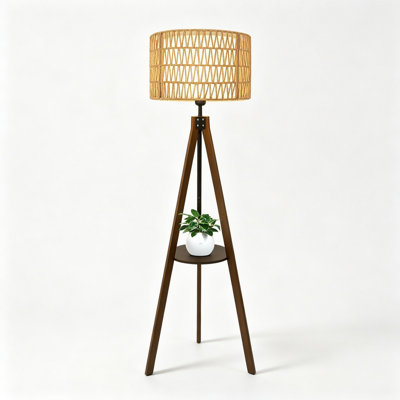Lampe sur pied bohème style milieu du siècle avec étagères, lampe sur pied moderne en bois de style ferme avec abat-jour en rotin et tissu, interrupteur au pied marche/arrêt pour salon, chambre ou bureau