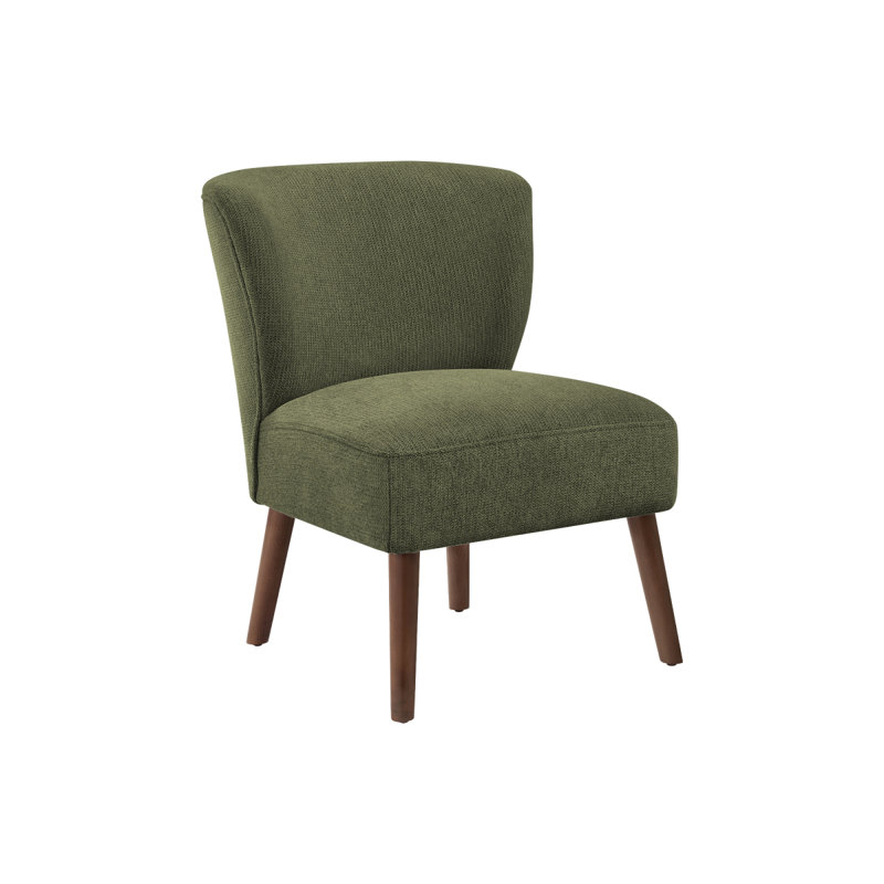 Chaise d'appoint, H 33 po, rembourrée, salon, chambre à coucher, tissu vert, pieds en bois de noyer massif, style Mid-Century, moderne
