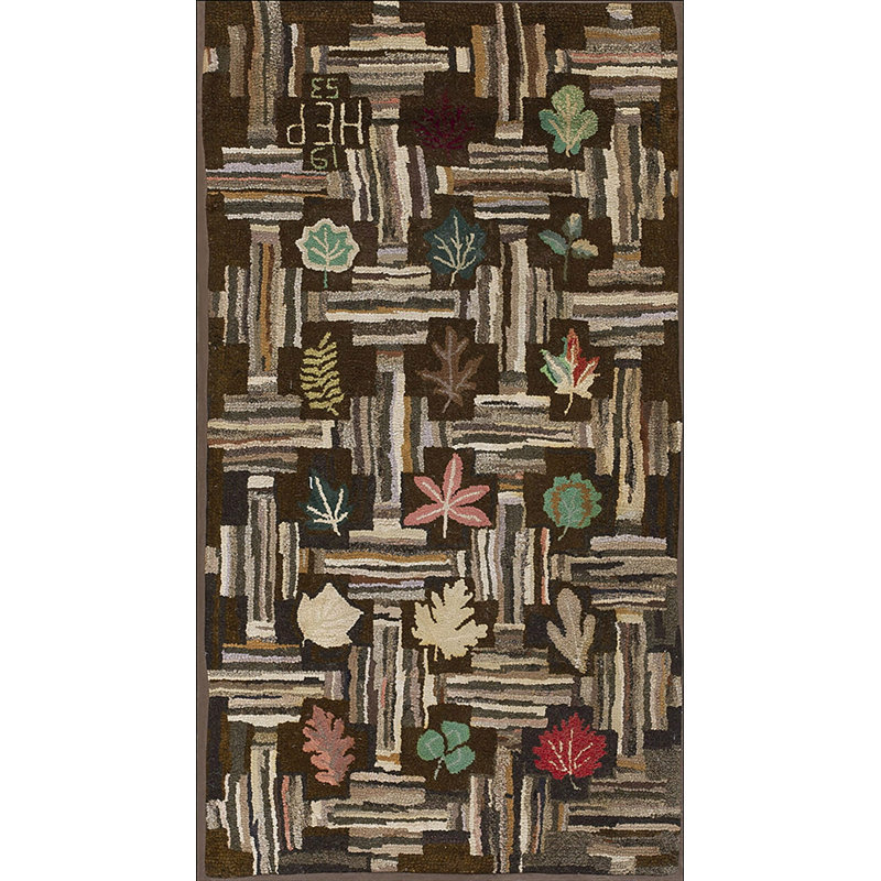 Bold Brown Color Vintage Mid Century American Folk Art Leafe Pattern Hooked Rug