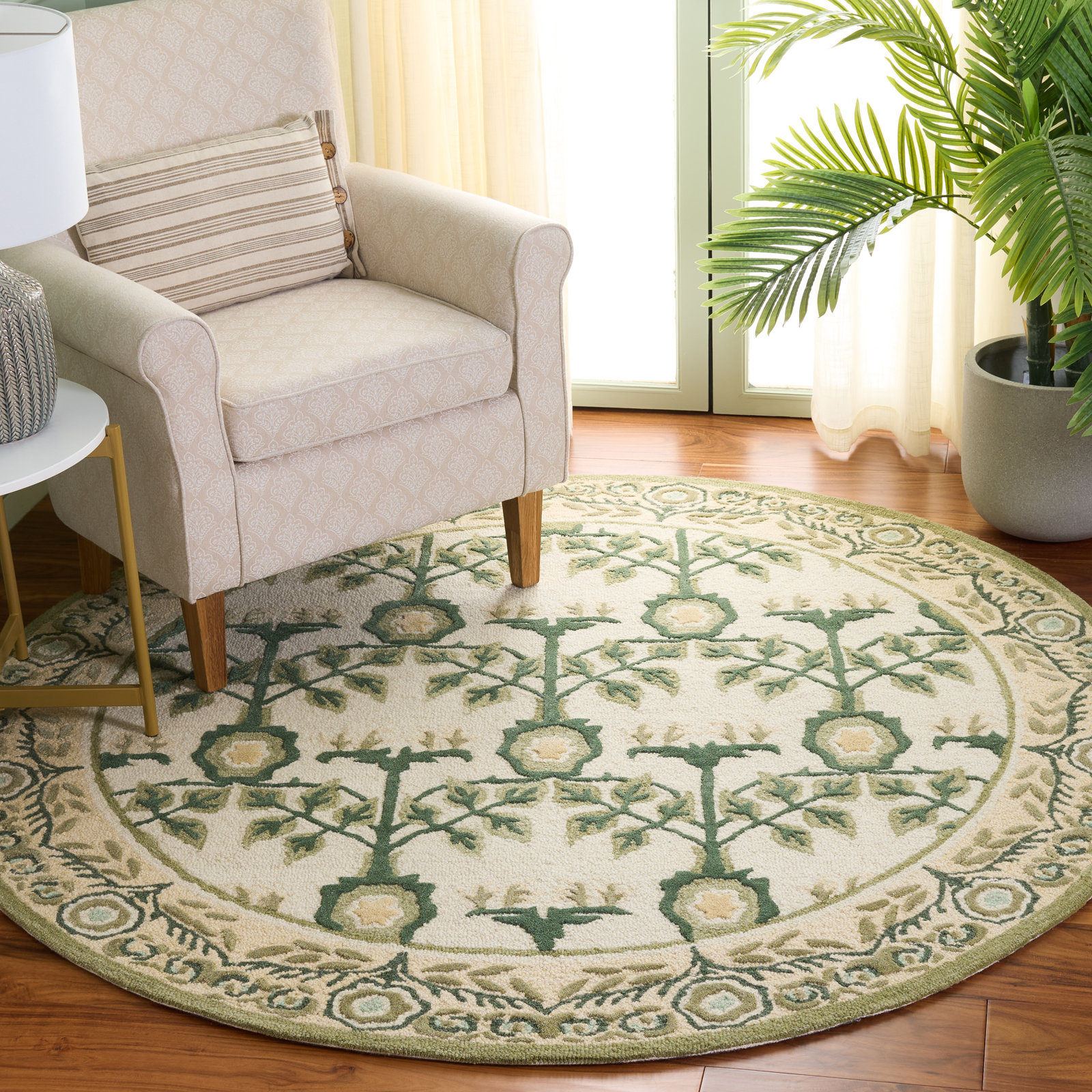 Ivory Sage Hand-Tufted Floral Wool Rug, Round 6'