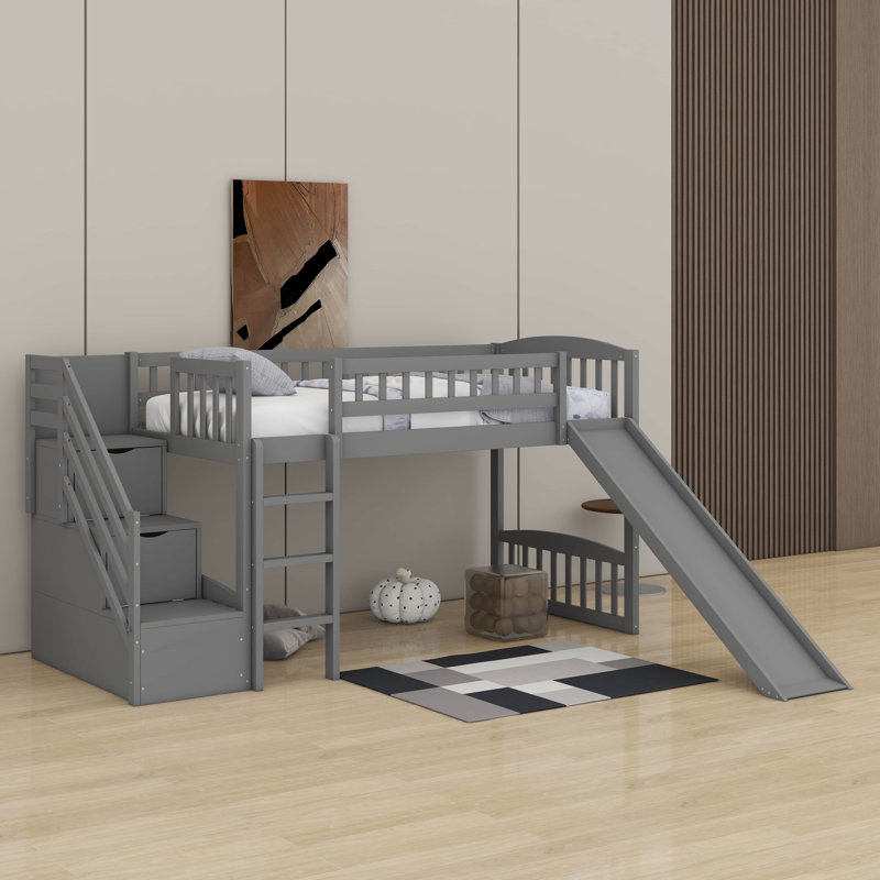 Twin Size Loft Bed With Slide, Gray
