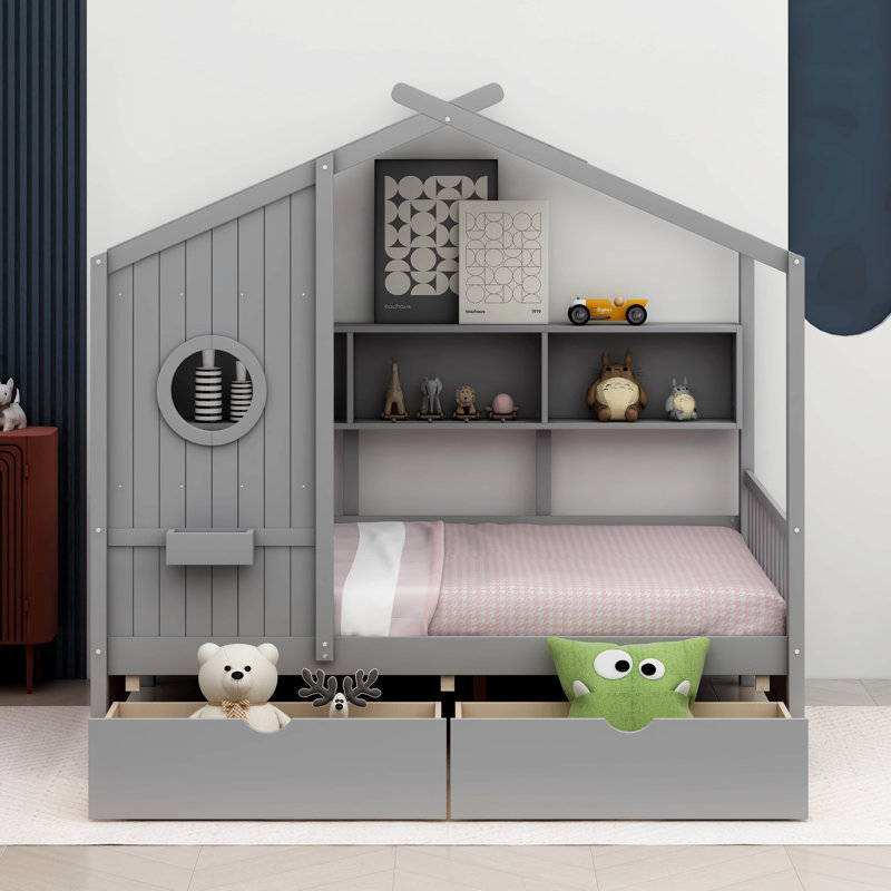 Vidoje Kids Bed with Storage Shelf, Gray, Full