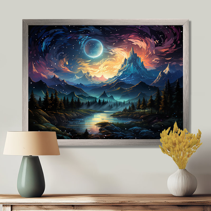 Jaune montagne lune galatique I - forêt, montagnes, art mural, Cadre de coin argenté fermé, H 34 po x l 44 po x P 1,5 po