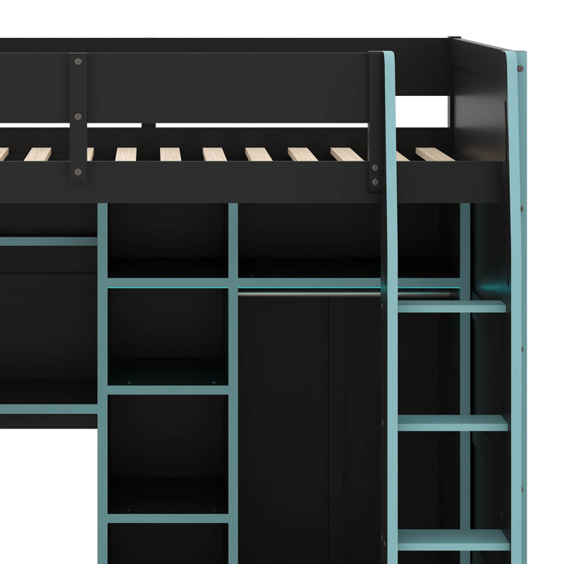 Lit mezzanine double avec bureau, lit mezzanine avec garde-robe ouverte et compartiments de rangement, cadre de lit multifonctionnel avec lumières RVB