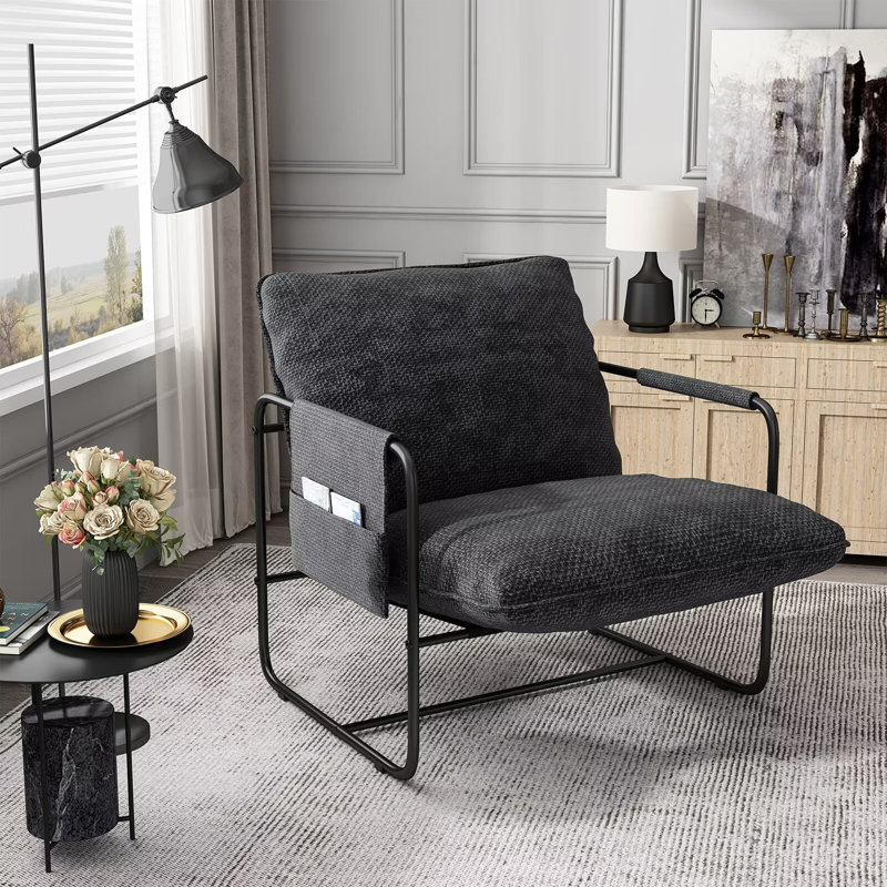 Chaise d'appoint rembourrée pour le salon avec structure en métal Spero, Lin noir