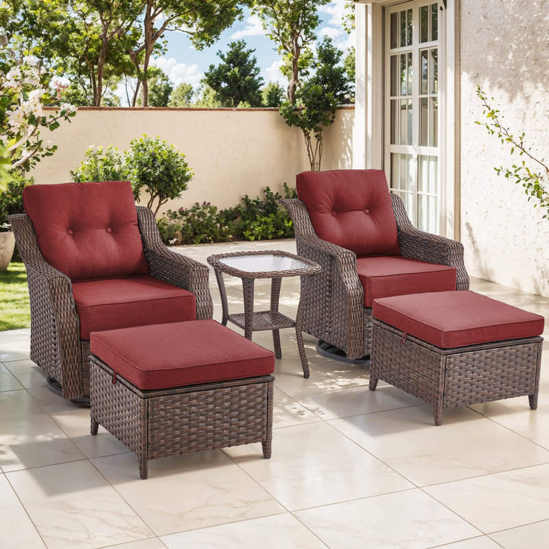 Sami 5-Piece Wicker Patio Furniture Set, 6-Inch Thick Cushioned 360° Swivel Glider Chairs, Red