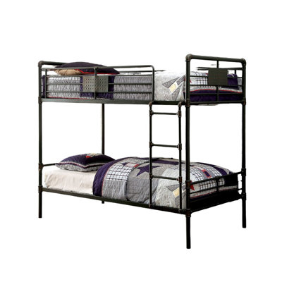 Industrial Style Bunk Bed Twin Over Twin Attached Ladder Full Metal And Pipe Inspired  Structure Upper Guard Rails Antique Black