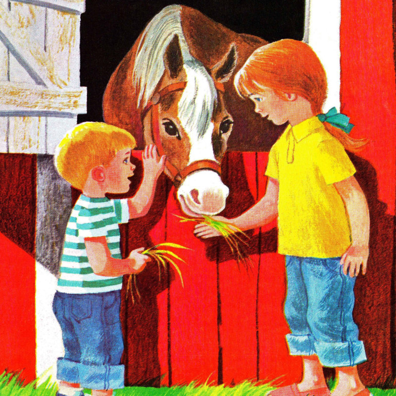 Art sur toile «Kids with Horse» par Konopka, H 48 po x l 48 po