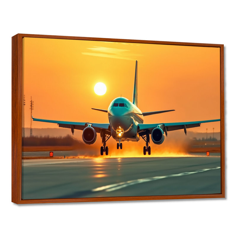 Coucher de soleil sur le tarmac I - reproduction sur toile, H 16 po x l 32 po x P 1 po, Cadre flottant brun