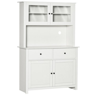 Meuble de cuisine blanc antique de 161 cm de haut. 4 tablettes, tiroirs, portes vitrées. Convient à la vaisselle, aux casseroles et aux poêles. Emplacement prévu pour le micro-ondes. Style rustique. Assemblage requis. Grand meuble de rangement.
