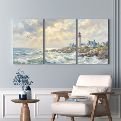 Phare de bord de mer et vagues de l'océan, ensemble de 3 reproductions d'art sur toile