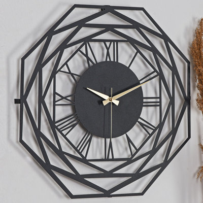Elegant Decorative Metal Wall Clock, Black Finish, 16.1 x 16.1 inches | 100% Metal Construction, Thickness: 0.06 inches | Silent Mechanism, Requires 1 AA Battery (Not Included) | Perfect for Home & Office Décor