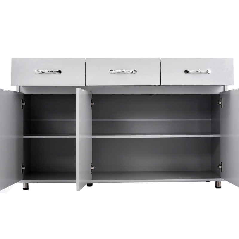 Table d'appoint grise avec grande capacité de rangement et lignes élégantes à trois portes en gris, procédé de peinture supérieur