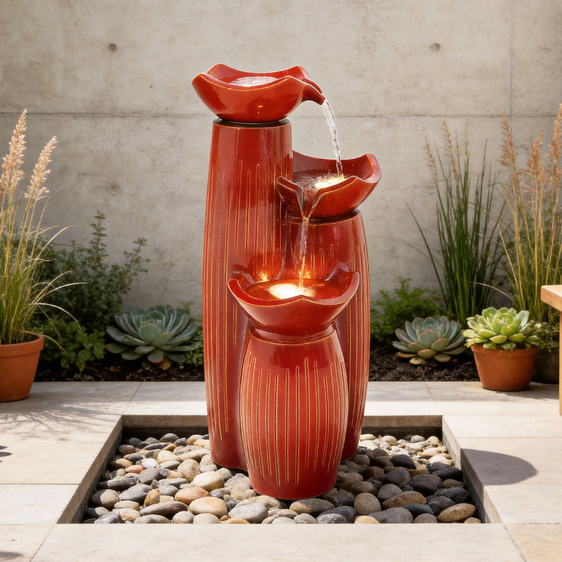 30" Ceramic Outdoor Water Fountain with LED Lights, Cascading Waterfall & 3-Tier Vertical Striped Texture Lotus Bowls in Terracotta Red for Garden Patio Yard Porch Relaxation