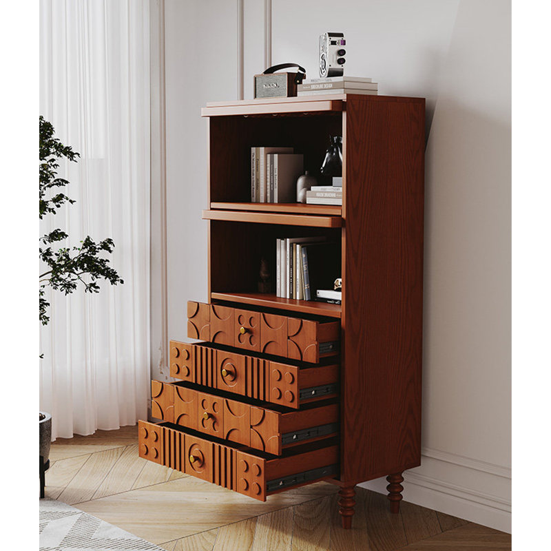 Bibliothèque haute en bois de frêne massif avec tiroirs de rangement, Brun