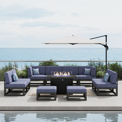  Ensemble de meubles de patio en aluminium 11 pièces avec table de feu, ensemble de conversation modulaire d'extérieur en forme de L pour la cour