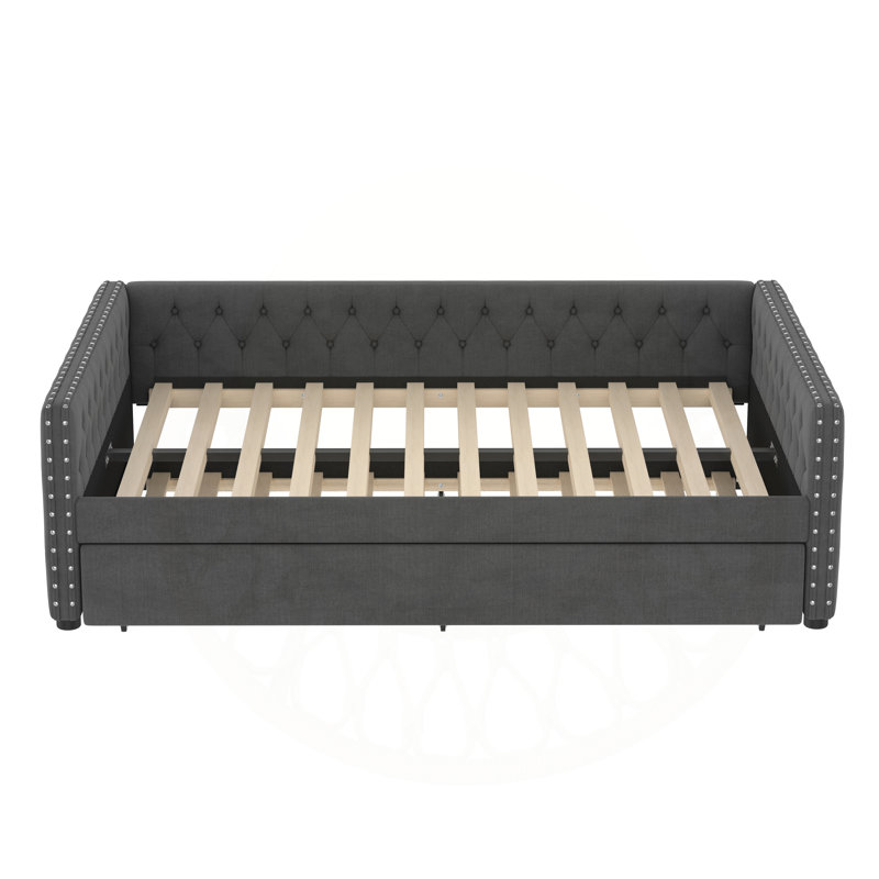 Modern Upholstered Sofa Bed With Twin Trundle - Tufted Button Design And Metal Nailhead Accents For Living Room, Guest Room, Or Studio