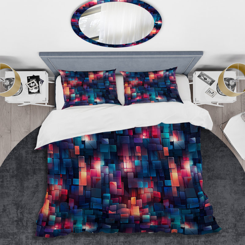 Purple And Blue Matrix Cubes I Box Stitch Geometric Shapes Duvet Cover, Twin Duvet Cover + 1 Standard Sham