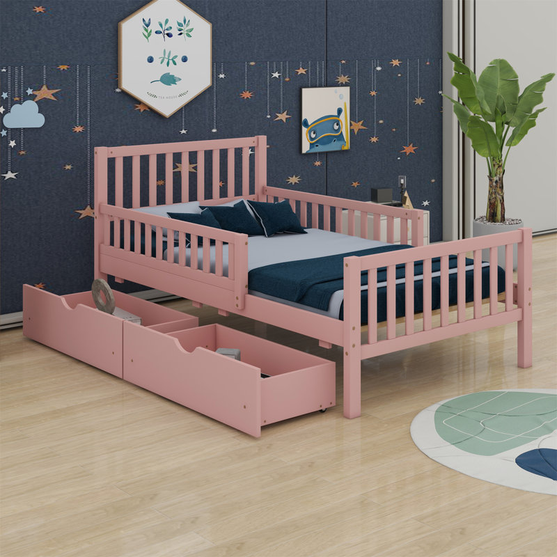 Lit plateforme avec garde-corps des deux côtés et deux tiroirs de rangement, Simple, Rose