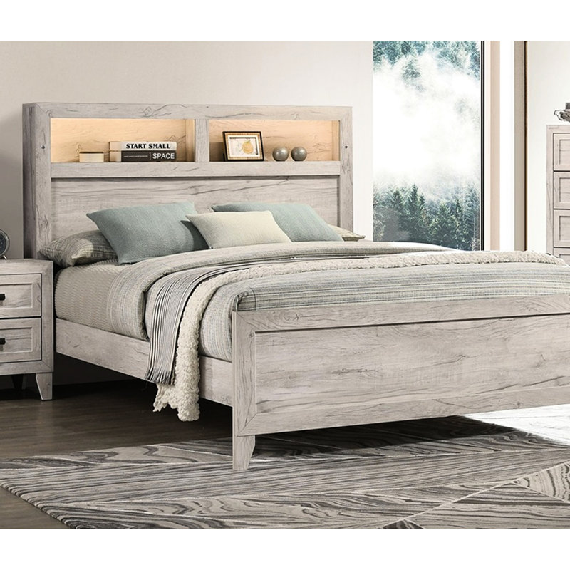 White Washed Full Size Bed With Headboard Shelves And Lighting, Contemporary Bedroom Furniture, Button Acrylic Buttons, Simple Assembly , Paper Veneer,