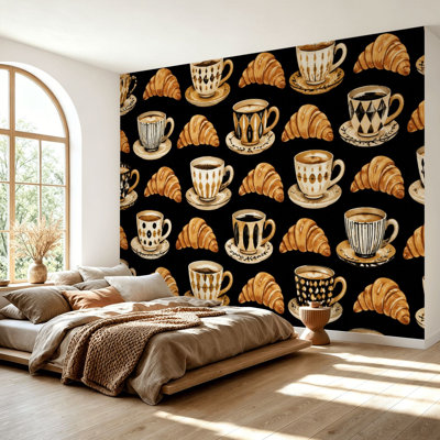 Papier peint adhésif peler et coller les tasses à café sans soudure Croissants noir Papier autocollant amovible pour décoration de salon H 69 po x l 96 po