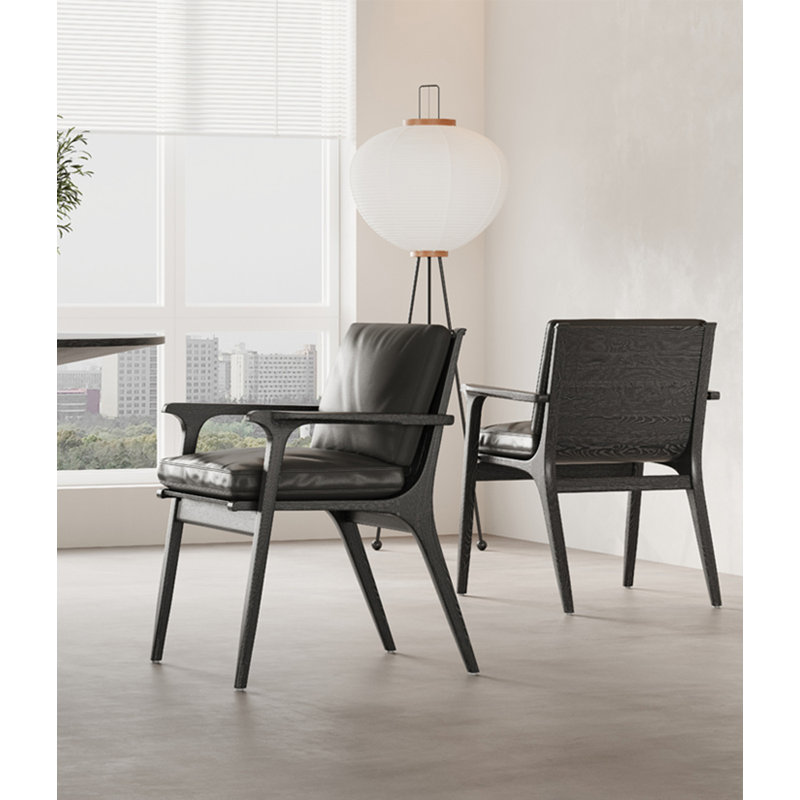 Italian Minimalist Solid Wood Ash Wood Armrests And Faux Leather Dining Chairs