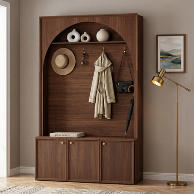 Walnut Wood Color, 77.6-Inch Arched Entryway Storage Bench With Shoe Cabinet, 4 Hooks And Shelves, Wooden Coat Rack, Suitable For Living Room Or Foyer.