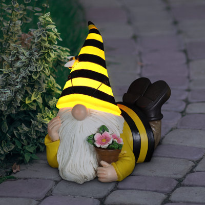 Exhart Solar Beekeeper Garden Gnome with Flower Pot Statuary, 5.5 by 8.5 Inches