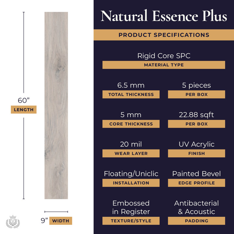 Lions Floor Natural Essence Plus SPC Collection - Azur 9” x 60” Waterproof Luxury Vinyl Plank | Uniclic® Locking System | FloorScore® Certified | 1 Box = 22.88 Sq. Ft. | Most Rooms Need 30+ Boxes