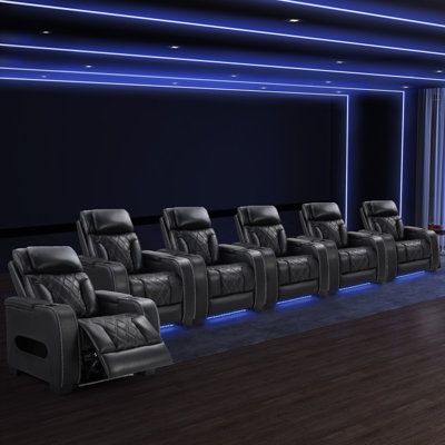 37.4" Wide Modern Faux Leather Dual Motor Power Recliner Home Theater Seating With Adjustable Headrest & Ambient Arm Lighting (Set Of 6)