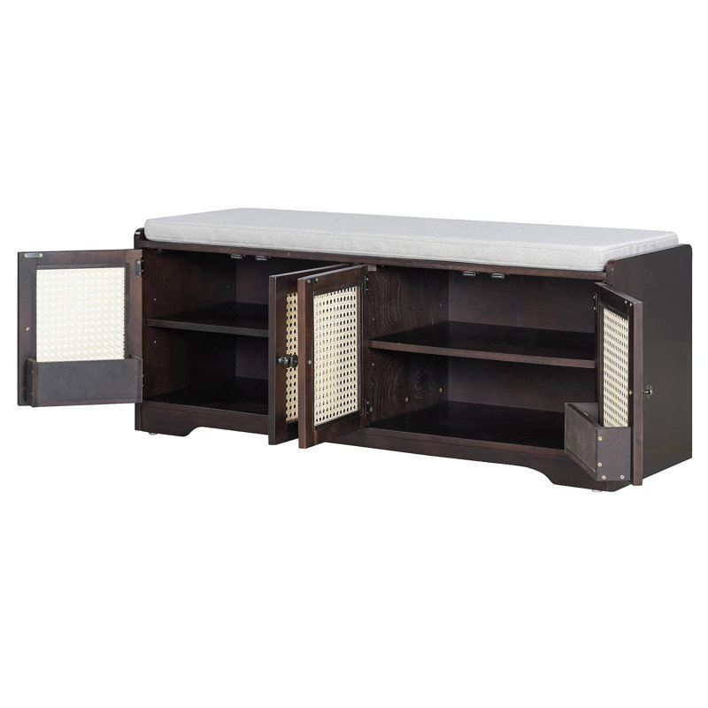 Rustic Storage Bench Multifunctional Wood Entryway Shoe Bench With Removable Cushion, Woven Rattan Doors & Adjustable Shelves For Hallway, Living Room (Espresso+Beige )